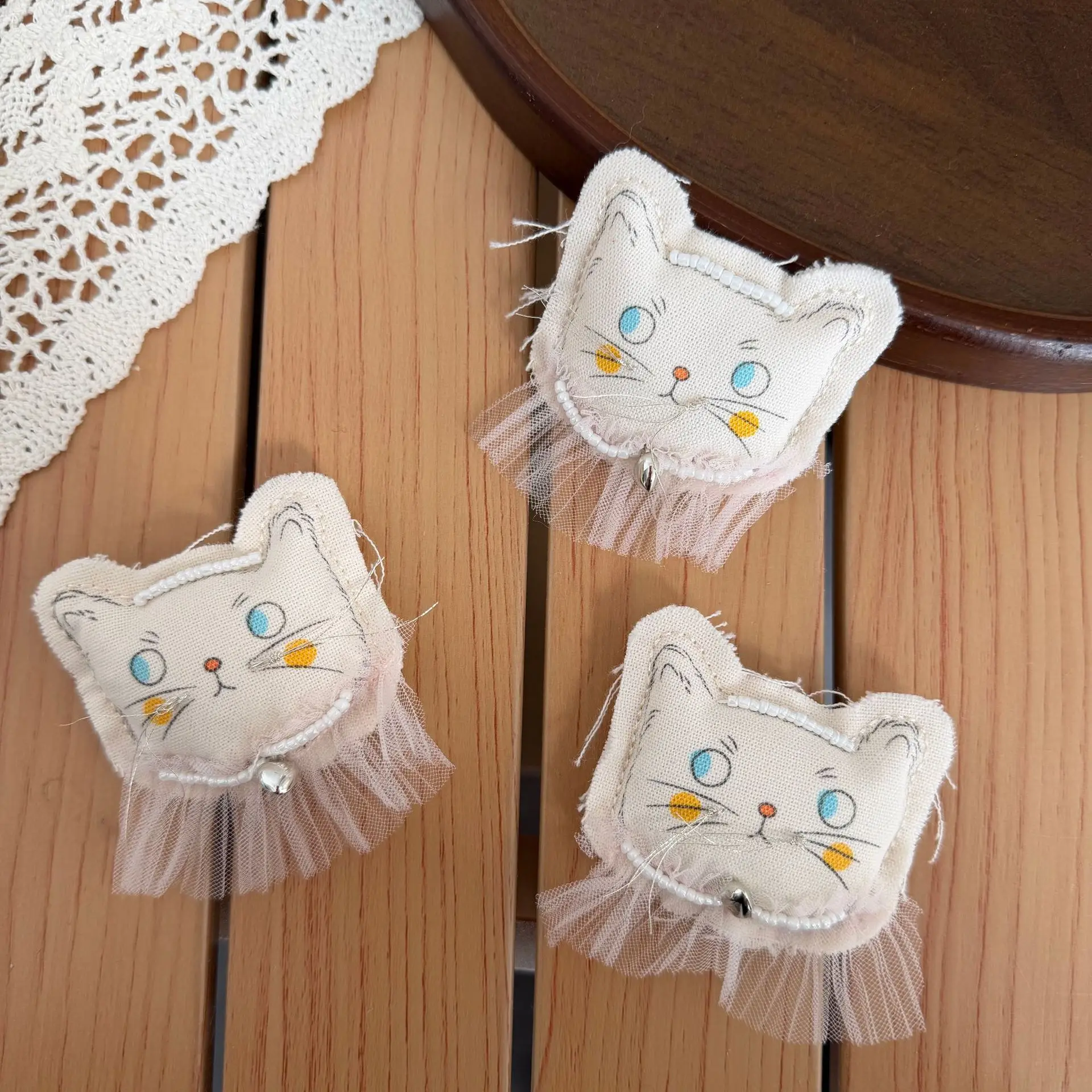 Plush Cartoon Cat DIY Pendant with Pearl Lace Fabric for Phone Case Bag Charm Keychain Purse Decoration