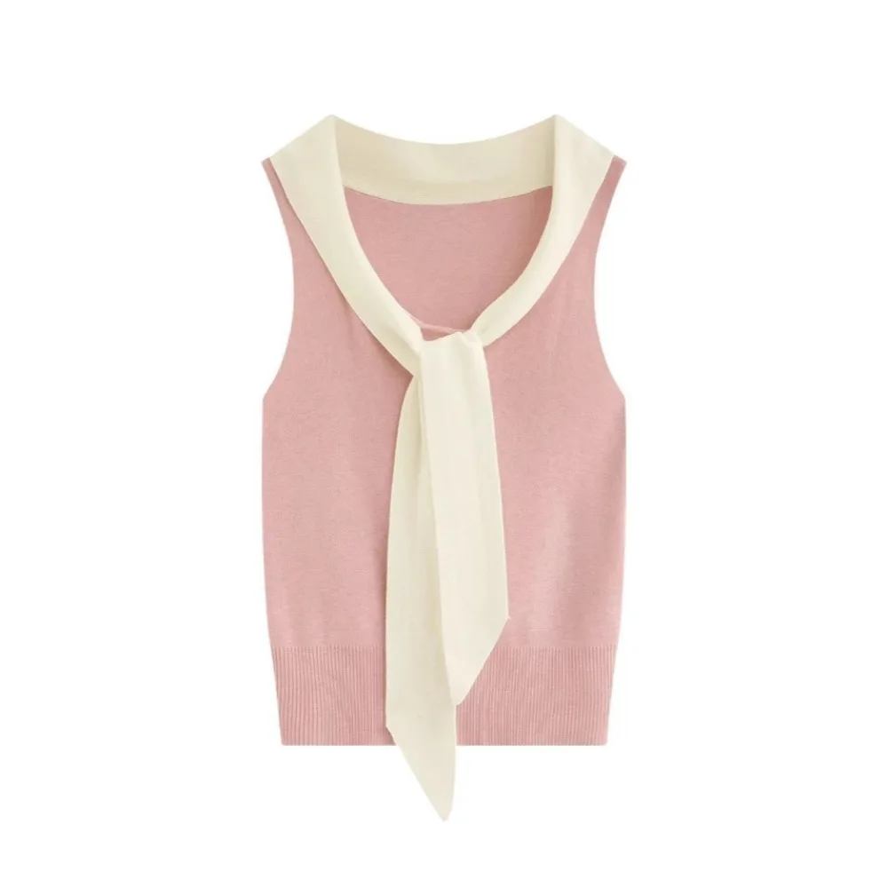 

Elegant Patchwork Sleeveless T-shirt Spicy Girl Style Simple Summer Slim Crop Tops Knit Lace-up Women's Lace-up Vest Summer