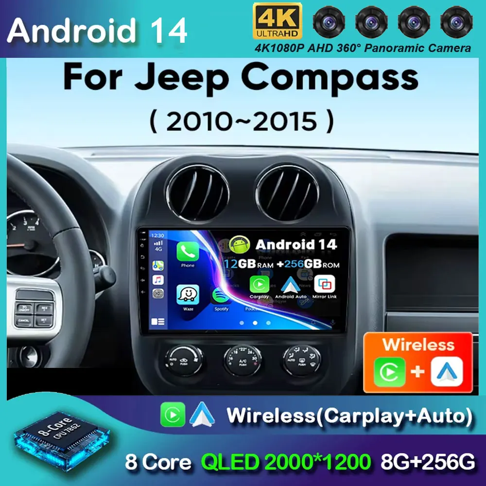 Android 14 Car Radio For Jeep Compass Patriot 2010-2016 Multimedia Player Autoradio Stereo 2 Din Player GPS Navigation Carplay