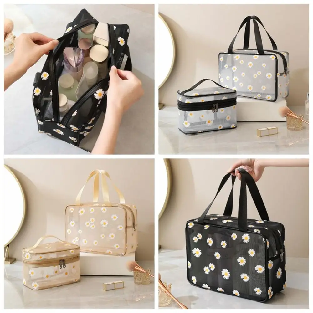 Daisy Mesh Flower Makeup Lipstick Bag Zipper Transparent Portable Travel Wash Handbag Beach Bag Cosmetic Bag