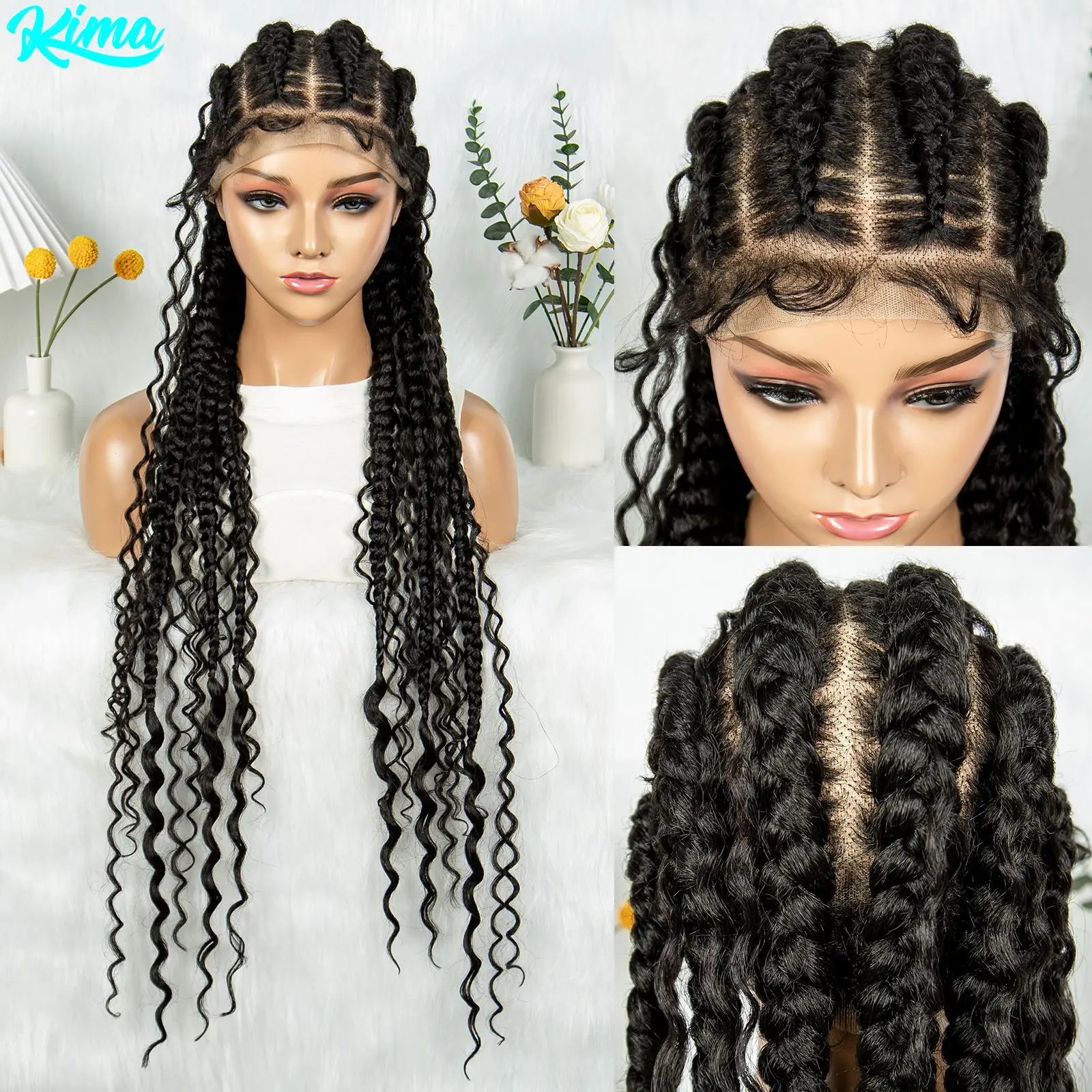 

Плетеные парики Cornrow с вьющимися концами, кружевные фронтальные косы без узлов, синтетические полные кружевные плетеные парики с детскими волосами для женщин