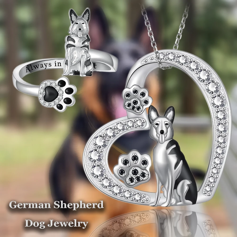 2Pcs/Set Cute German Shepherd Pendant Necklace with Inlaid Crystal and Open Ring, Women's Jewelry Accessories Commemorative Gift