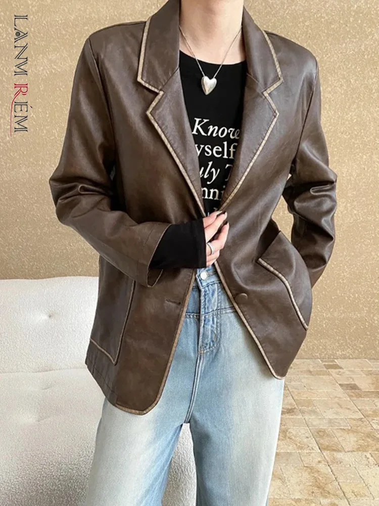 [LANMREM] Vintage Leather For Women Notched Single Breasted Office Lady Loose Jackets Fashion Coat 2024 Autumn New 26C636