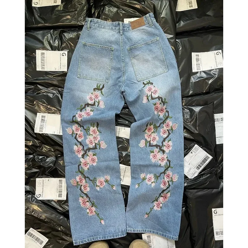 

Y2K pants men Baggy Harajuku cherry blossom print pattern jeans Hip Hop streetwear men women gothic Casual wide leg Denim Pants
