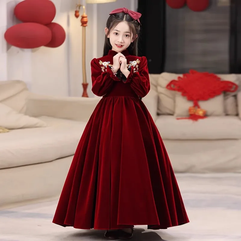 

Red dress 2025 spring national style long-sleeved princess dress children's host piano performance uniform