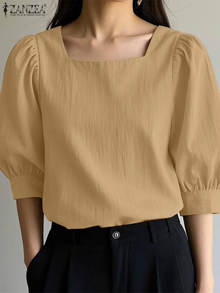 

2025 ZANZEA Summer Office Shirt Women Elegant Square Neck 3/4 Sleeve Work Blouses Fashion Solid Holiday Tunic Tops Loose Blusas
