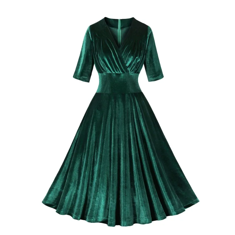 

2024 New Vintage Autumn Winter Velvet Christmas Party Dress Ruched Sexy V Neck High Waist Green Solid Retro Women Swing Dresses