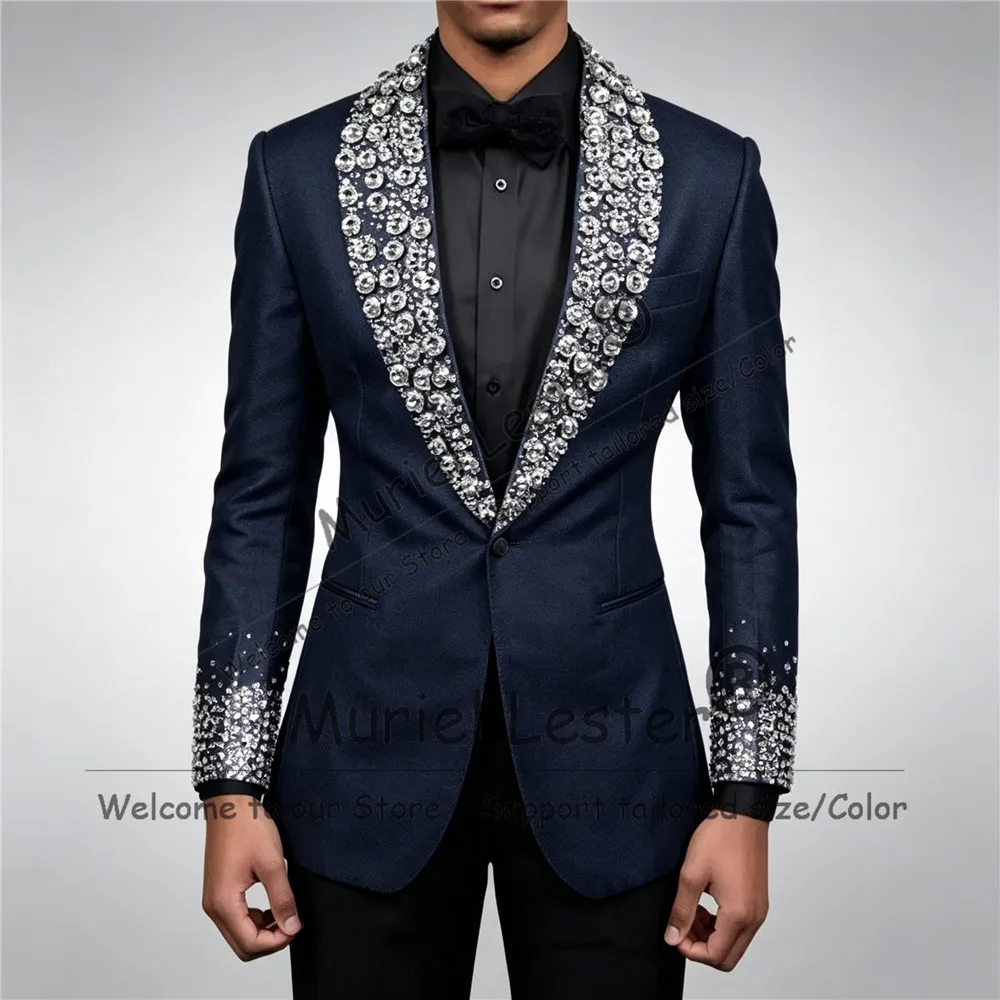 Man Unique Tuxedo Suit For Wedding Sliver Diamond Beading Sequin Prom Blazer With Black Pants 2 Pieces Sets Groom Wear Attire