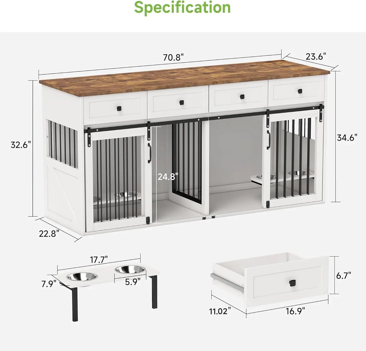 أثاث على شكل صندوق للكلاب، منزل كلب متعدد الأغراض مقاس 71 بوصة مع غرف مزدوجة، مقسم وباب الحظيرة المنزلق، إطار فولاذي داخلي مزدوج للكلاب