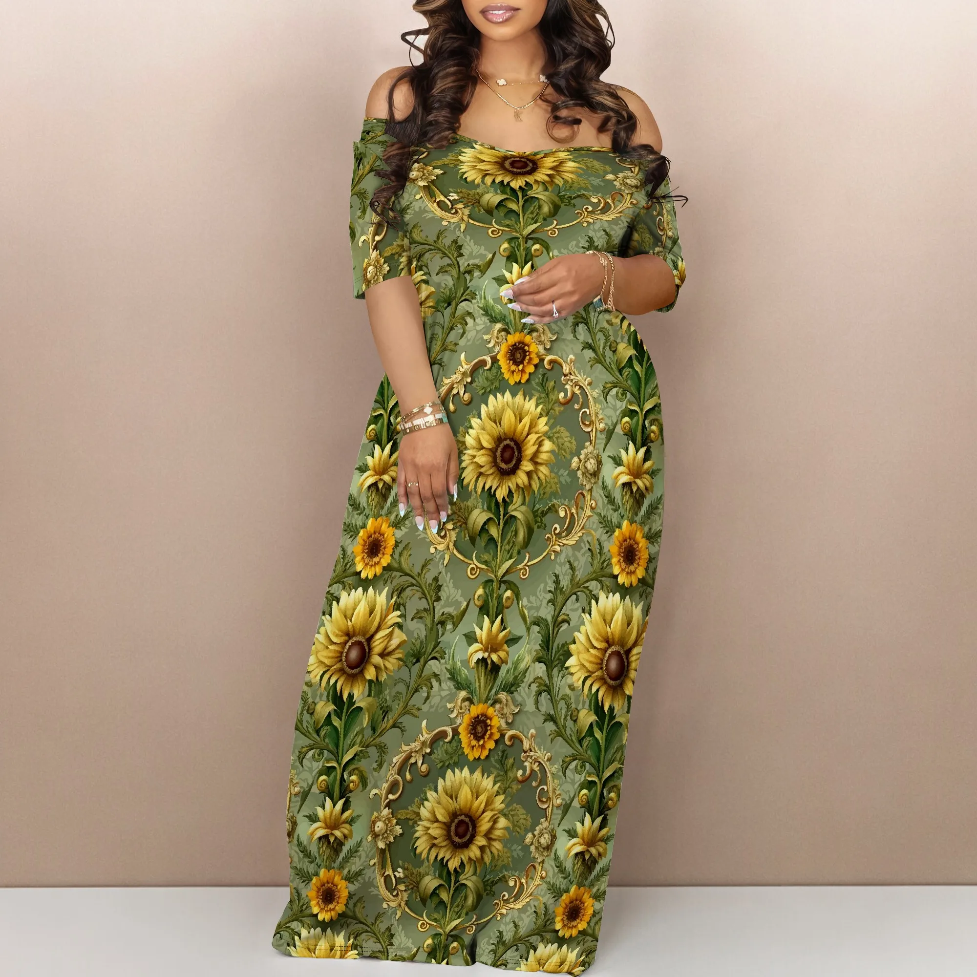

Summer Off Shoulder Maxi Dress Women Boho Green Sunflower Print Holiday Casual Beach Sundress