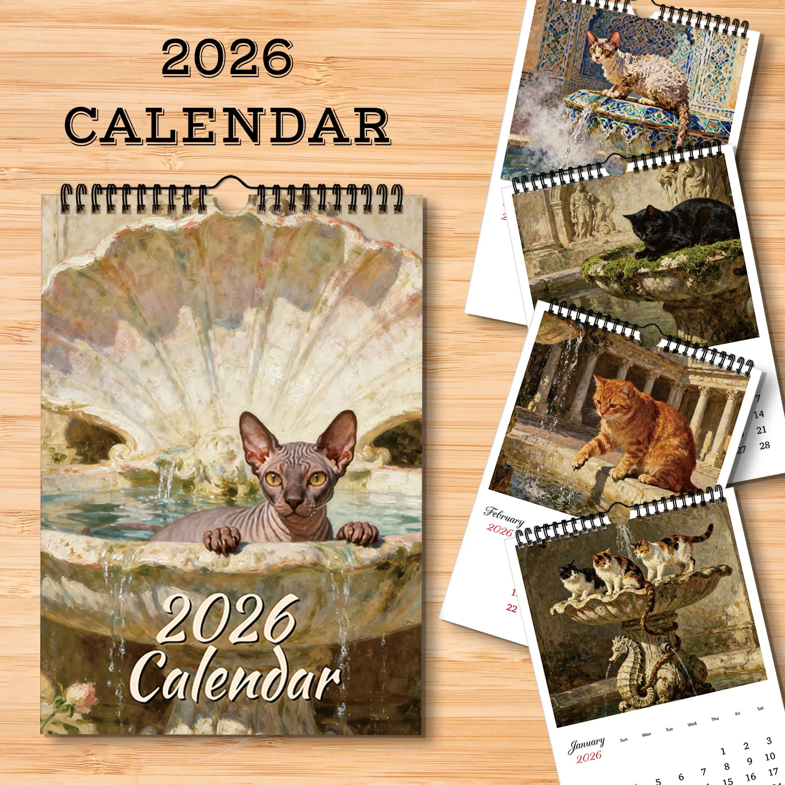 Calendario de pared A4 2026, calendario de cumpleaños, diseño de pintura al óleo de gato con gato juguetón, calendario divertido, regalo perfecto para decoración del hogar, 1 ud.