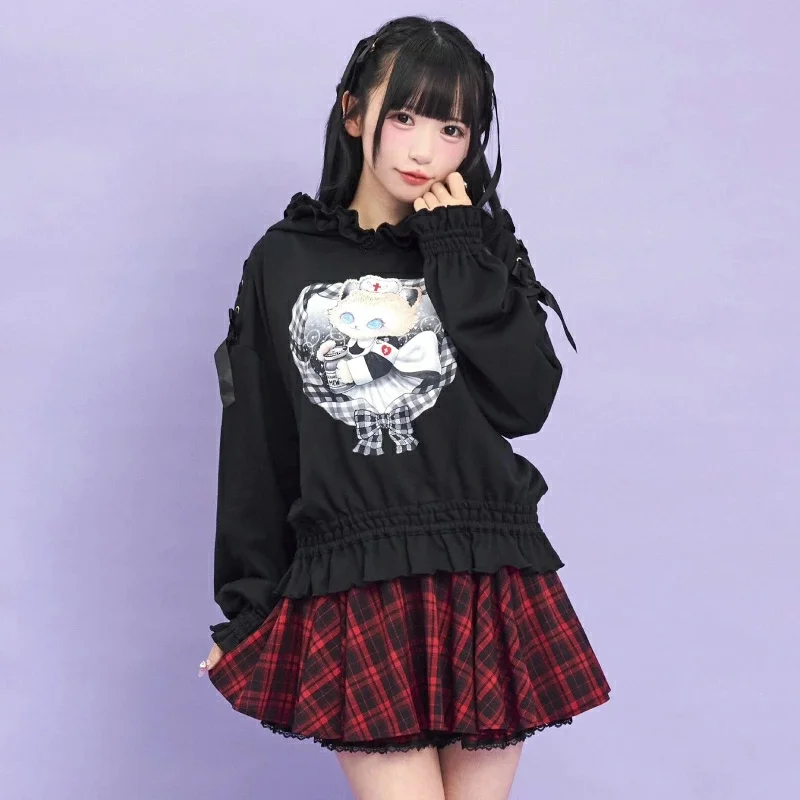 Japanese Style Sweet Casual Cute Cartoon Cat Print Bow Long Sleeve Ruffles Patchwork Casual Hoodies Sweatshirts Top Women Autumn