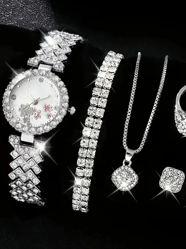 

Роскошные модные кварцевые часы с бриллиантовыми аксессуарами, набор из четырех предметов для женщин, идеально подходят для праздничных подарков