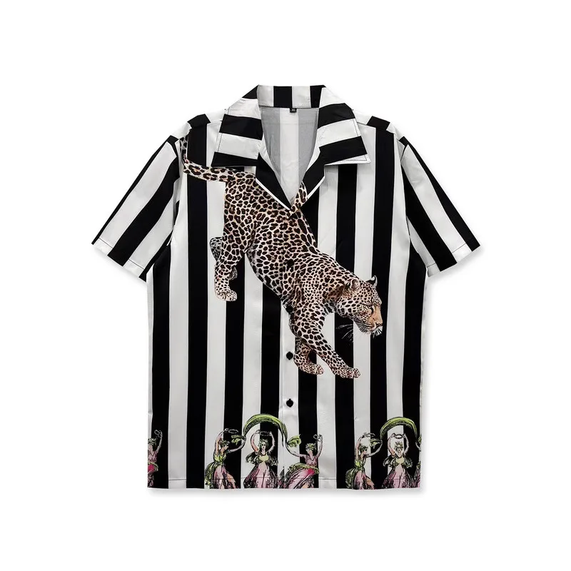 

Мужская одежда Y2K, модные винтажные пляжные рубашки с короткими рукавами и принтом ягуара, новая летняя повседневная гавайская рубашка большого размера в полоску