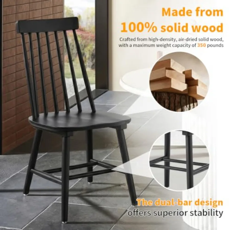 Wood Dining Chairs 6, Windsor Farmhouse: solid pine, natural finish, stackable and ergonomic for kitchen or dining room use