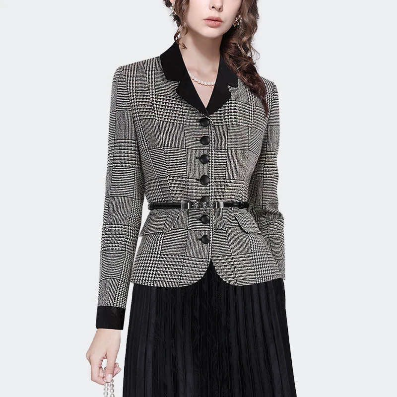 Women Vintage Grey Plaid JACKET With Belt 2023 Autumn Winter New Elegant Slimming Female Short Coat Working Casual Blazer