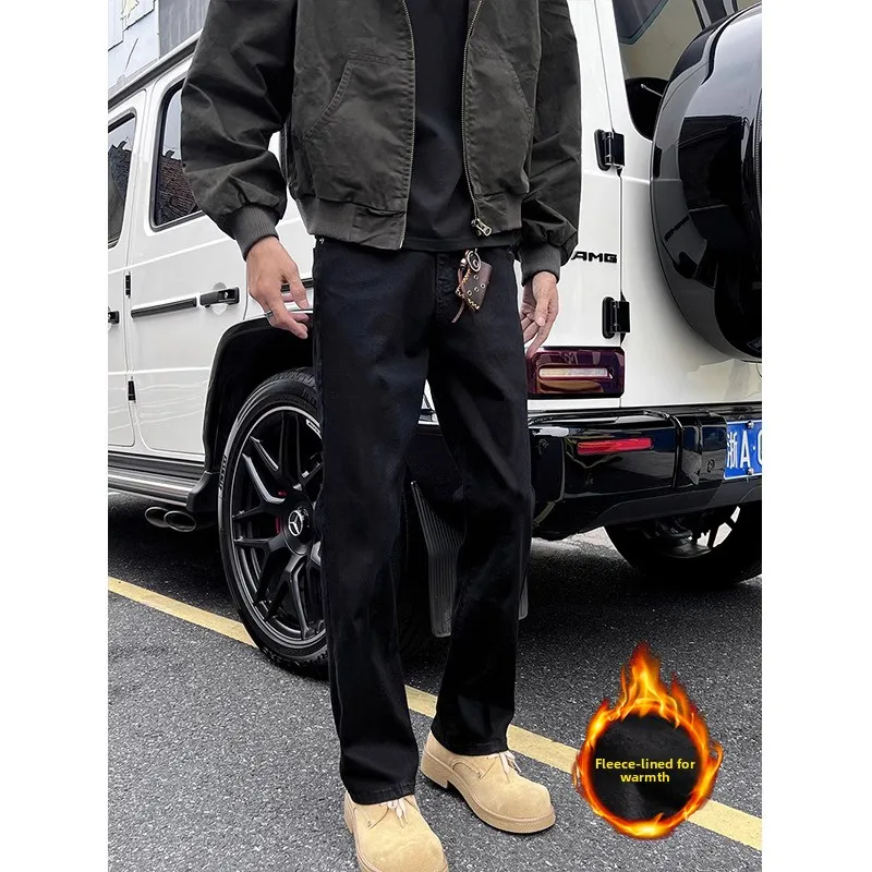 

Pure Bla Fce Lined Straight Leg Jeans Men's Autumn Winter Tall Size Slimming Bootcut American Vibe Casual Straight Jeans