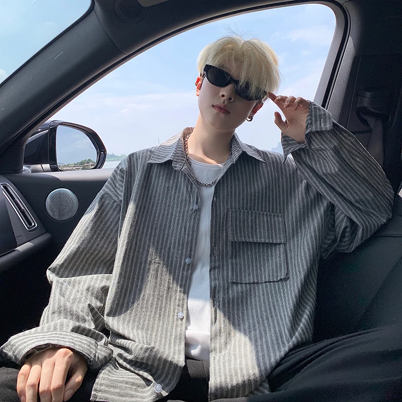 2025 Men's Autumn Shirt Plus Size Single Breasted Striped Shirt with Big Pocket Oversized Long Sleeve Casual Button Down Shirts
