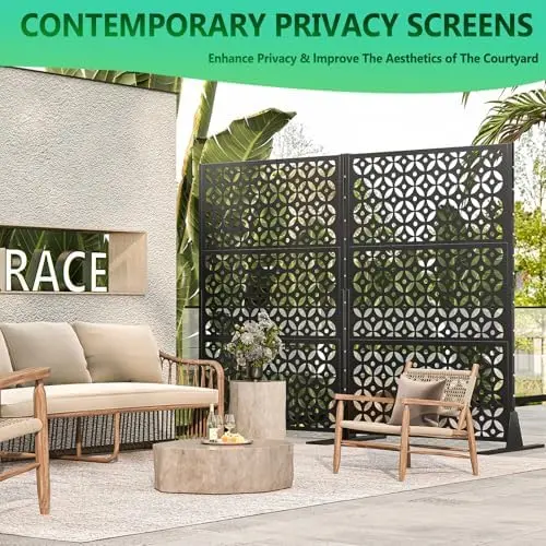 Metal Outdoor Privacy Screen Freestanding Privacy Screens,72" H x 46" W Patio Decorative Metal Fence Panels with Sturdy view 6