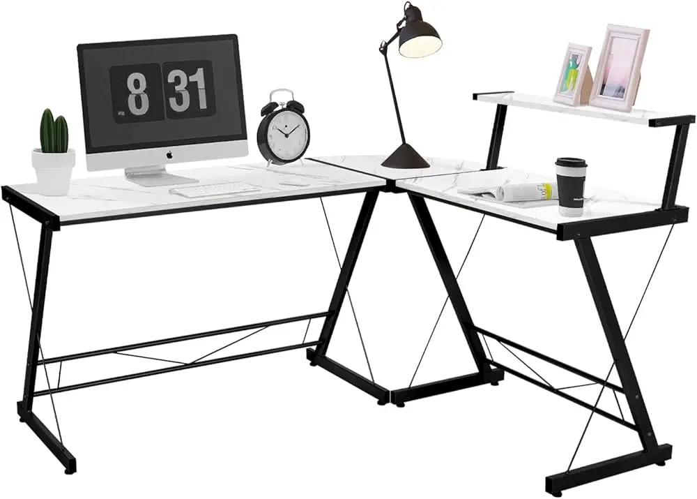 

L Shaped Corner Desk - Office Desk, 59\u201D Computer Desk with Monitor Stand, for Study, Writing, Gaming, Space-Saving L Shape