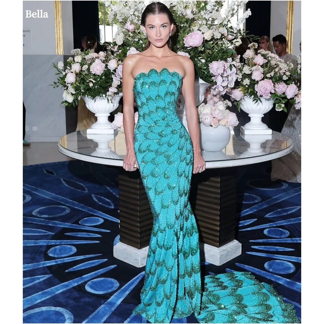 

Bella Customized Blue Sequins Mermaid Strapless robes de soirée Backless Sleeveless Party Dresses Floor-Length Prom Dress 2025