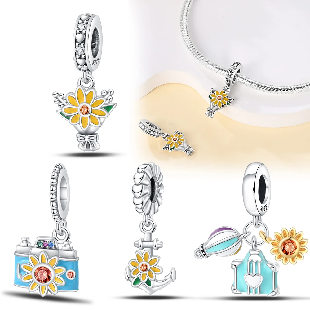 

925 Sterling Silver Sunflower Bouquet Pendant Charm Bracelets for Women Fit Pendant Charms Beads for Fine Jewelry Making Gift