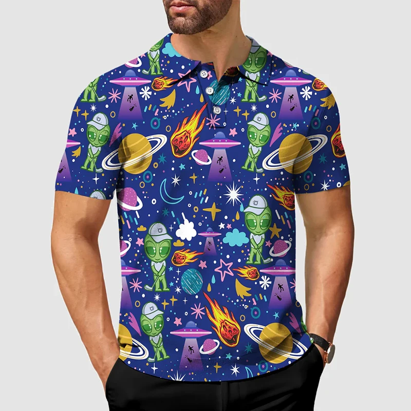 Fashion Full Print Alien Pattern Polo Shirt For Men\'s Clothes Lapel Button Hawaii Shirts Funny Leisure Harajuku Trend Golf Top