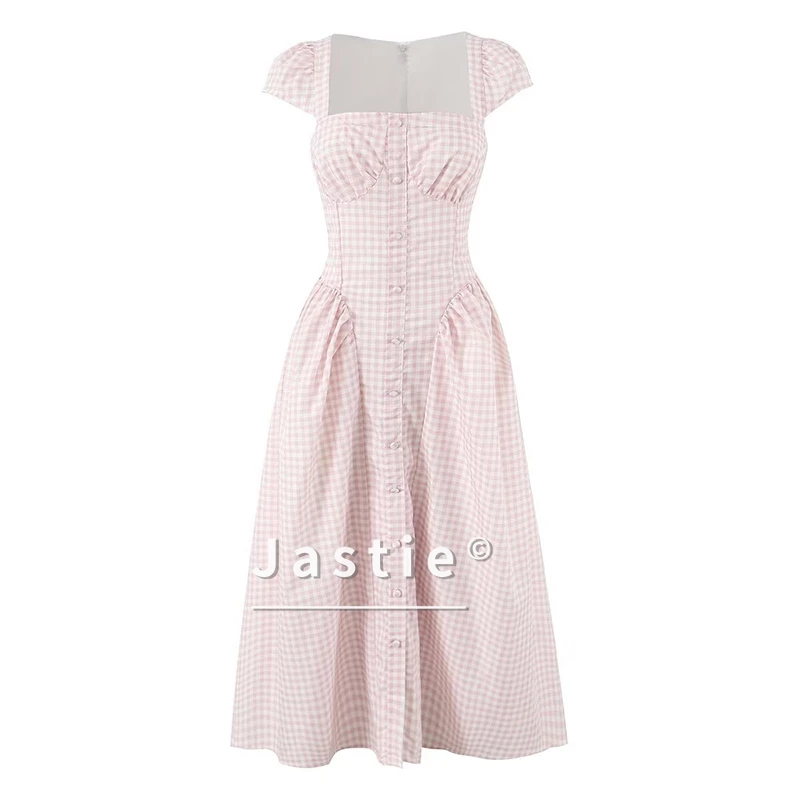 優しいエレガントなライトピンクの格子縞ドレス新しい 2026 美しい女の子フロントボタンサマーパーティードレスボヘミアンカジュアルビーチ女性 Vestido