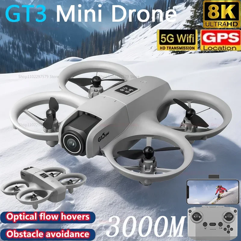 Drone 2026 Nuovo GT3 con Localizzazione Ottica, Doppia Fotocamera HD 8K Grandangolare, Motore Brushless, Evitamento Ostacoli, Quadricottero Pieghevole