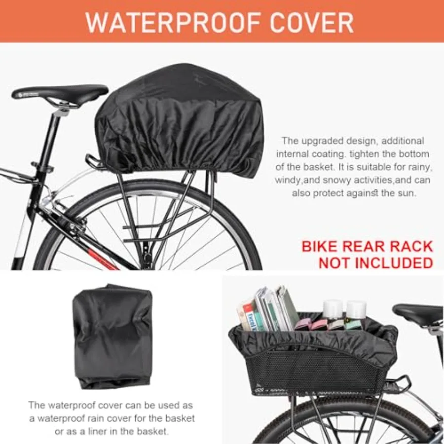 Rear Bike Basket - Large Bicycle Rear Basket with Cargo Net and Waterproof Cover, Wire Bike Baskets Rear Large Capacity NO Bike view 3