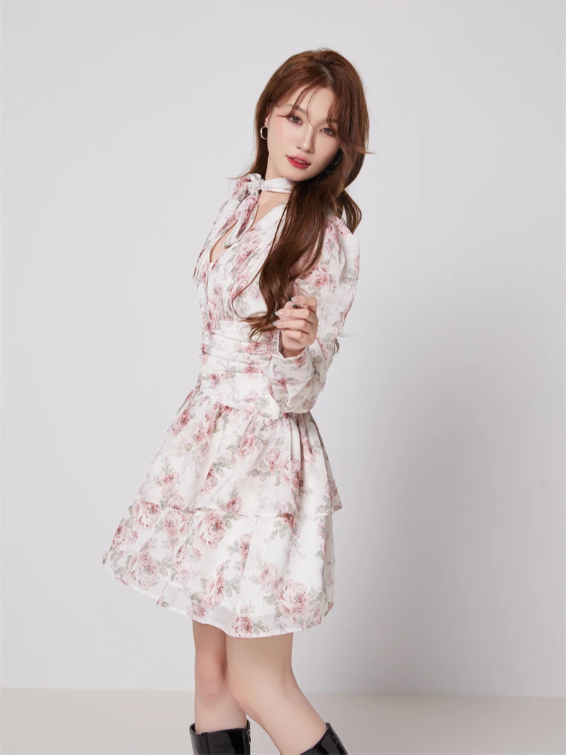 CHEERART Puff Sleeve Rose Floral Long Sleeve Mini Dress For Women V Neck Asymmetrical Korean Fashion Tunics Dress Spring Summer