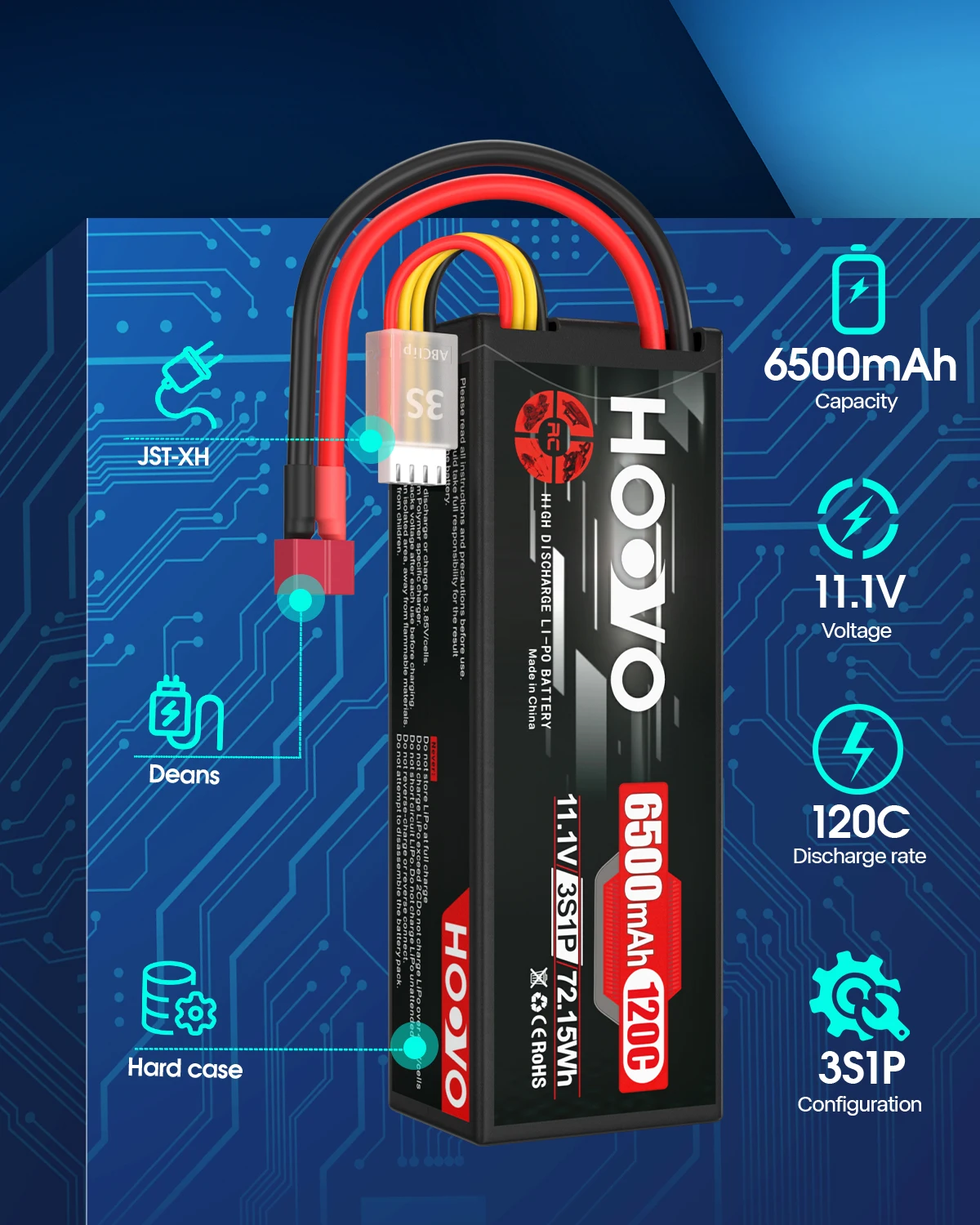 2 uds HOOVO 3S Lipo batería 11,1 V 6500mAh 120C estuche rígido con enchufe Deans T para vehículos RC coche RC camión Quadcopter DJI avión