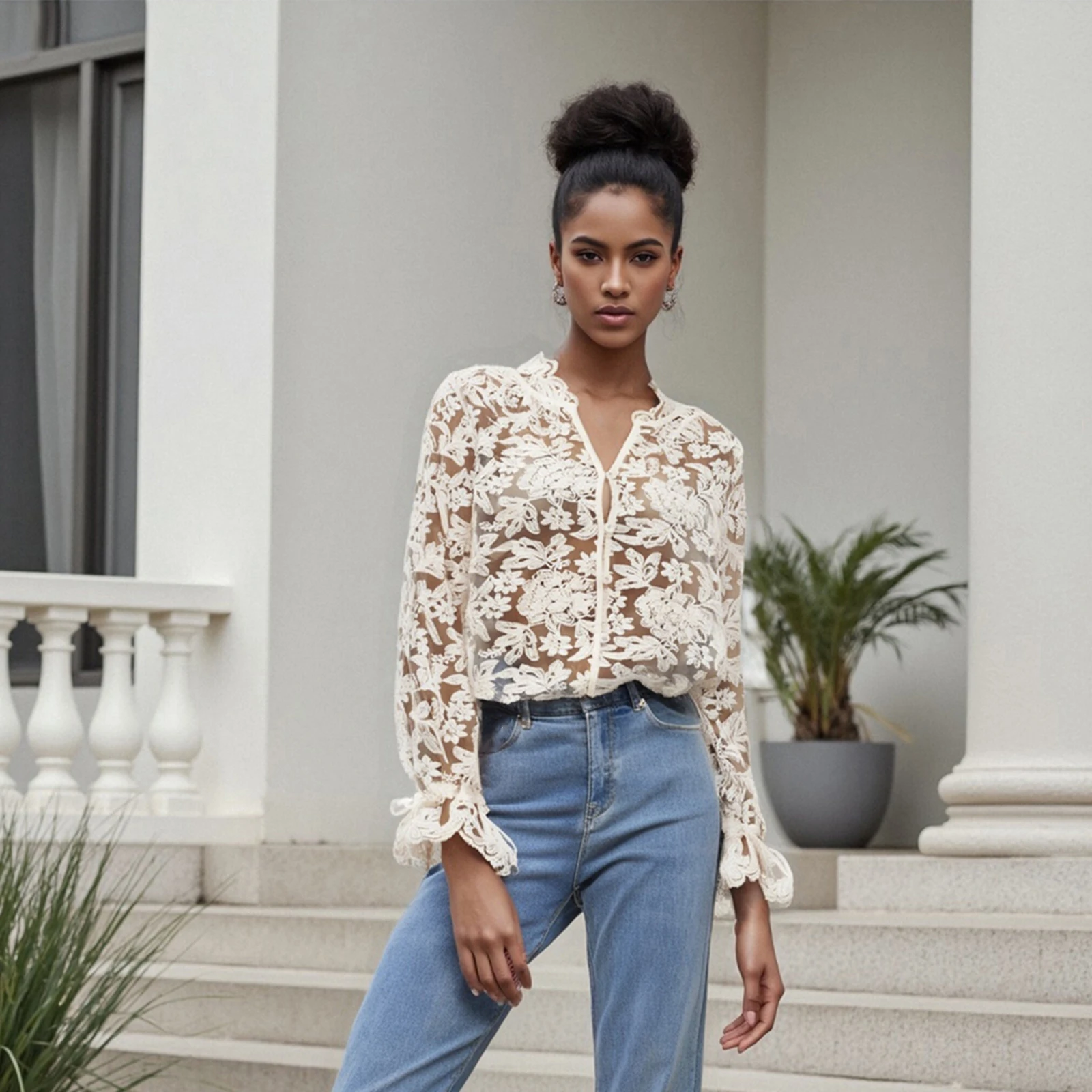 

Women Causal Loose Flower V Neck Long Flare Sleeve Button-up Shirts Summer Solid Color Sheer Lace Blouse for Office Party