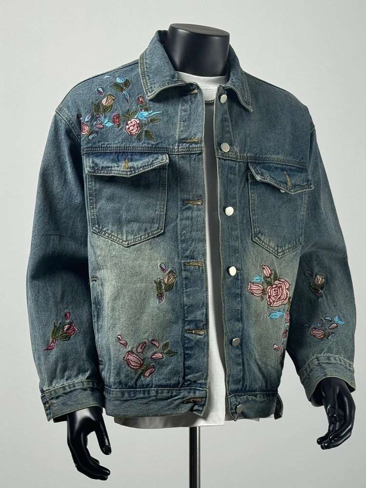 

Мужская джинсовая куртка свободного кроя с вышитым воротником в американском стиле, осенний универсальный повседневный топ с несколькими карманами, молодежный топ из полиэфирного волокна