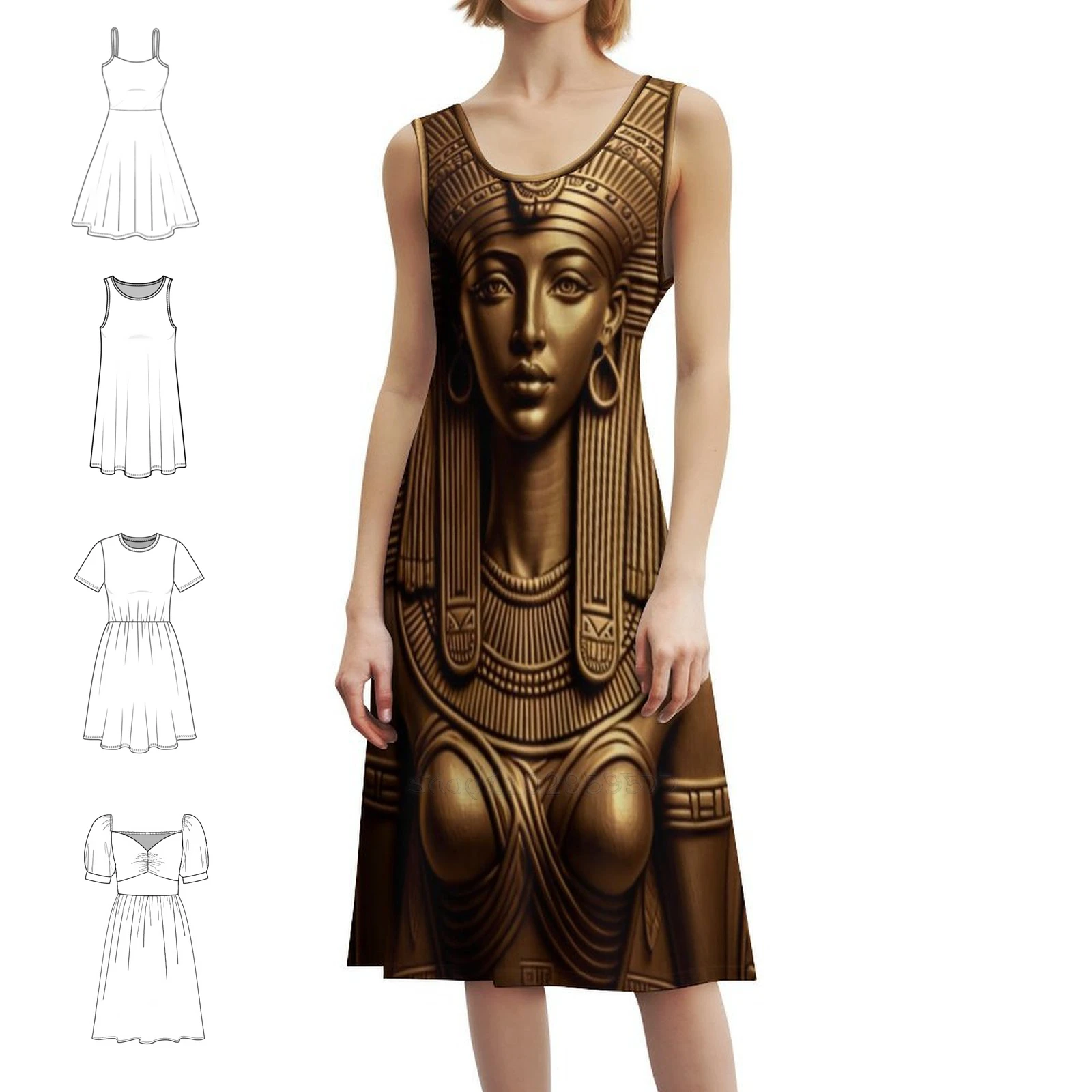 الكاهنة المصرية في الذهب. فستان بوهيمي عتيق بأكمام منتفخة أو خيارات بدون أكمام للنساء فستان مجمد مصري #1