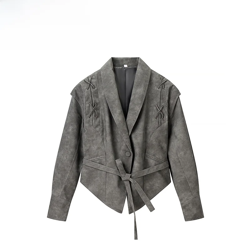 

Faionable ey Leather Jaet Women's Autumn New Sle Versatile Simple Design Quali Polyester Fiber Ladies Coat