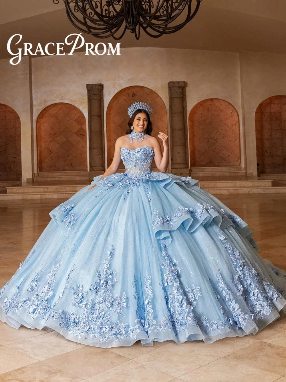 

Enchanting Sky Blue Quinceanera Dress 3D Floral Appliques Sheer Bodice Layered Ruffled Glitter Tulle Ball Gown For Sweet 16