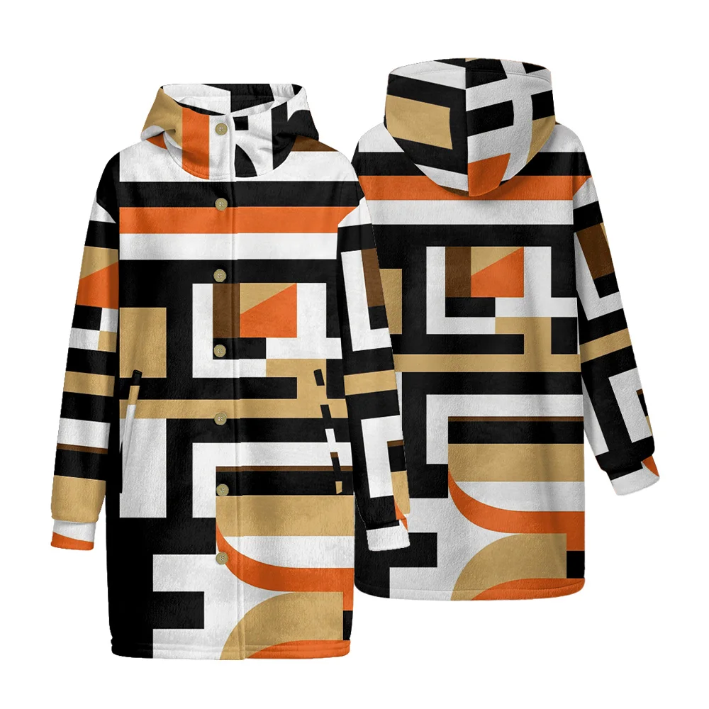 Unisex Geometric Print Hooded Trench Long Coat with Bold Slanting Stripes Buttons Abstract Pattern Jacket for Streetwear Fashion