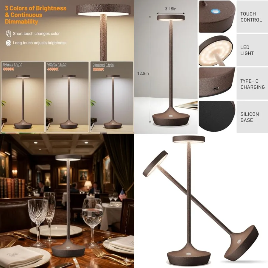 Rechargeable Cordless Table Lamp, 6000mAh Battery Powered LED Desk Lamp, Portable Metal Touch Lamp with 3-Level Dimming, Waterp