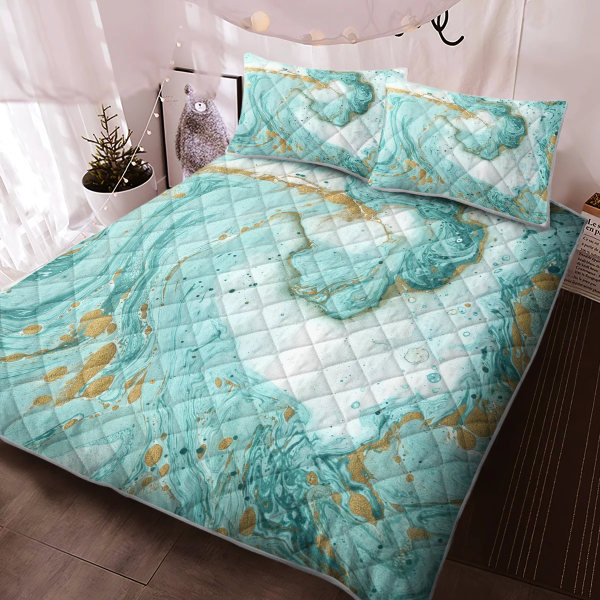 BeddingOutlet Green Golden Marble Veining Quilt Set Geometric Graphic 1Quilt and 2Pilowcases 3PCS For Kid Adults Bedroom Decor