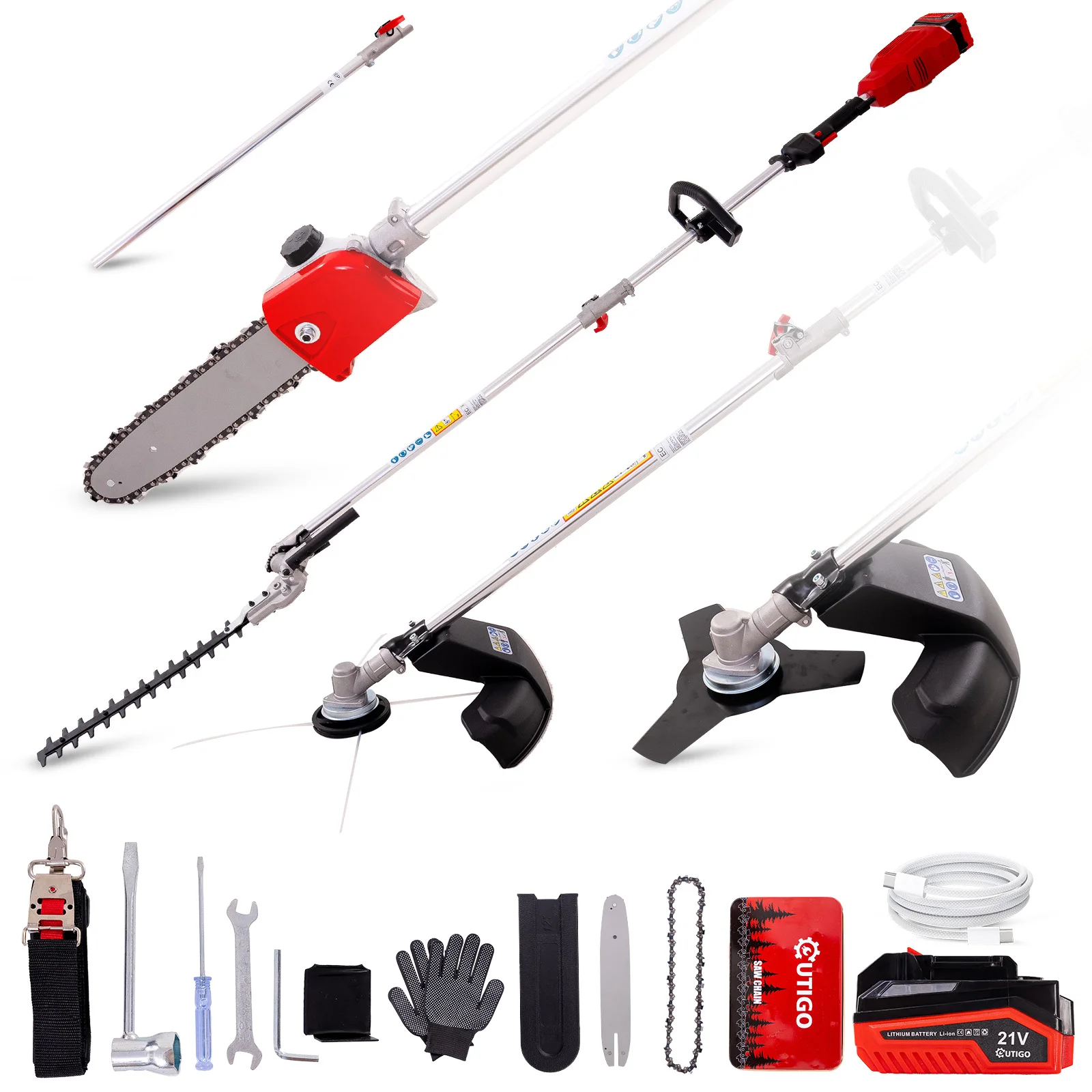 OUTIGO 4in1 Utensile elettrico da giardino multifunzionale  | Sega ad asta da 10 pollici | Tagliabordi a 4 linee | Tagliasiepi da 400 mm | Bordatrice per prato a 3 denti