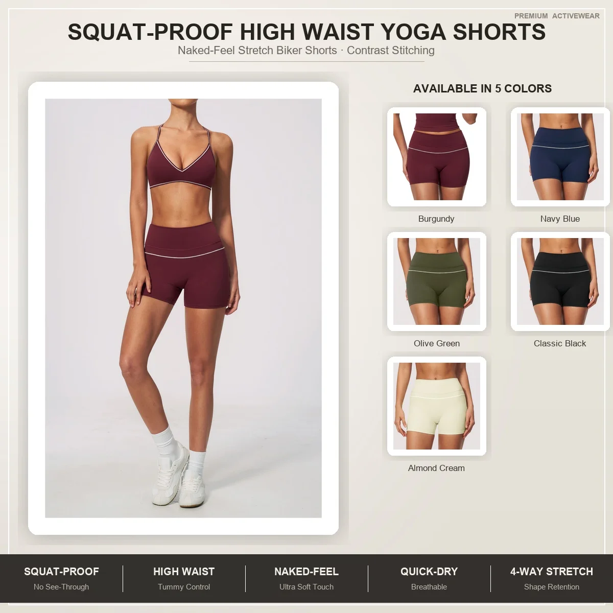 Squat-Proof High Waist Yoga Shorts, Naked-Feel Stretch Biker Shorts with Contrast Stitching, Daily Gym Wear.