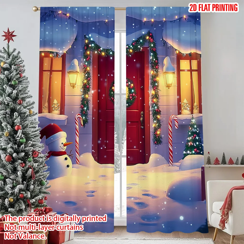 

2pcs 2D flat printing Merry Christmas Popular Window Drapes Snow Village Snowman Versatile Polyester Fabric Without Electricity