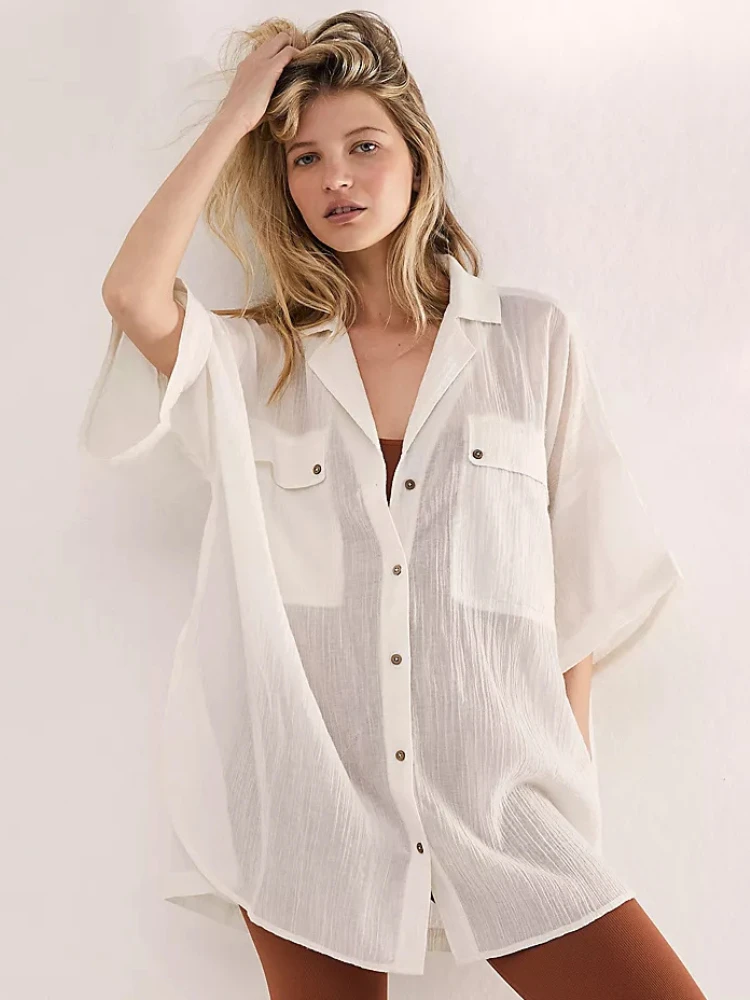 

Women Beach Cover Ups Solid White Black Shirts with Pockets Vintage Style Holiday Bathing Suits