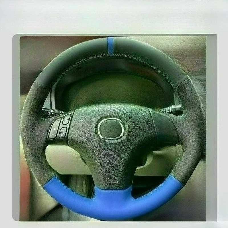 

Hand Stitched renovation Non-slip peach wood color blue leather car Steering wheel cover For Mazda 3 5 6 2003 2004 2005 2006