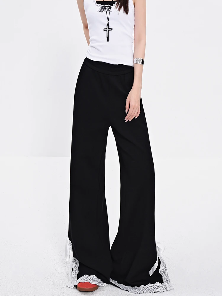 

KENH Spring Summer New Sle Women's Casual Pants Elastic Lace Splicing Drapey Straight Leg Floor-Length Pants