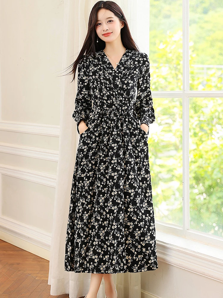 Primavera otoño negro gasa blanco Floral vestido largo 2025 coreano Vintage ropa de fiesta de lujo mujeres de manga larga vestido de fiesta con cuello en V