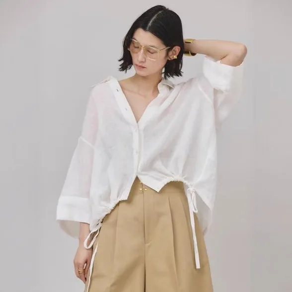 

Gagarich 2025 Autumn New Style Wide Cuffs Drawstring Lazy Single Breasted Shirt V-neck Niche Fashion Long Sleeve Shirt Top