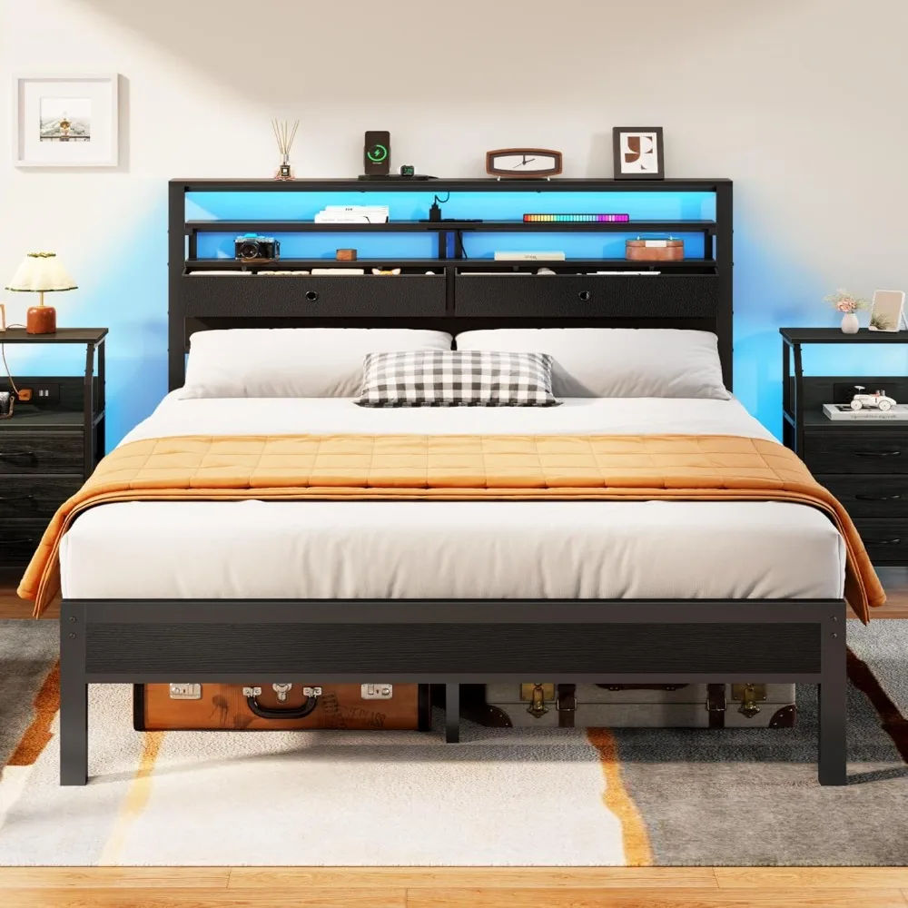

Full size bed frame with headboard and 2 fabric drawers, full platform bed with LED lights, built-in charging station