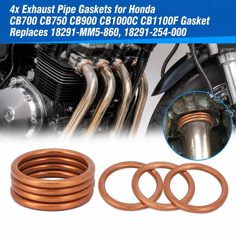 4x Exhaust Pipe Gaskets for Honda CB700 CB750 CB900 CB1000C CB1100F Gasket Replaces 18291-MM5-860, 18291-254-000